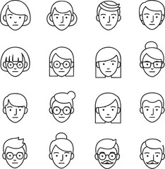 A diverse collection of minimalist black line art face icons Set of sixteen human head avatars with various hairstyles glasses and neutral expressions.