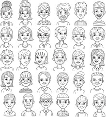 A diverse collection of thirty handdrawn character portraits in a black and white doodle line art style.