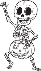 A friendly cartoon skeleton with big eyes waving and dancing while wearing a carved jackolantern.
