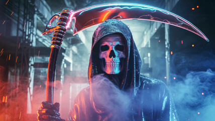 Grim reaper with futuristic glowing scythe standing in digital storm, neon smoke, cyber background
