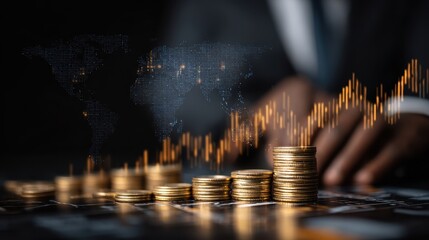 Investment Growth Strategy with Global Market Graph Stacks of Coins Showing Financial Success and Economic Development on World Map