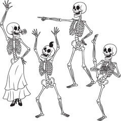 A lively group of four cartoon skeletons dancing and celebrating in black and white line art.