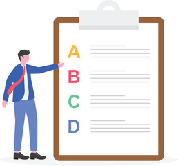 Businessman standing next to a multiple choice with ABCD letters, illustration of organizing mitigation or planning related to business strategy
