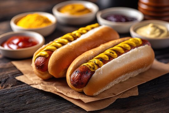 Delicious hot dogs with assorted condiments on a rustic wooden surface