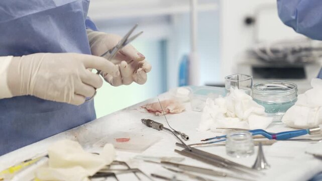 Tympanoplasty, surgeon's assistants prepare the instrument during the operation