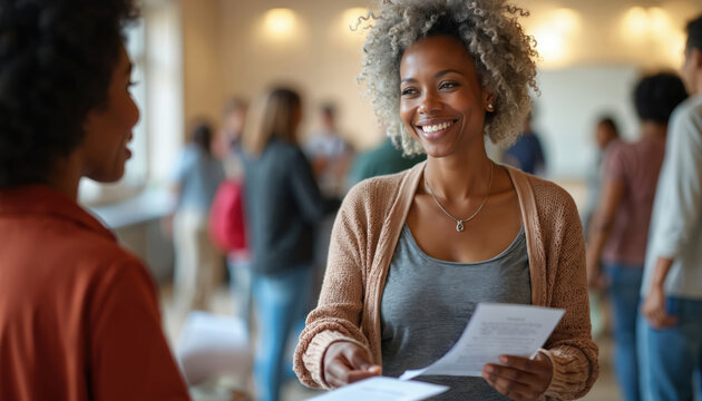 Woman hands out pamphlets at a community health event. Volunteers provide support and guidance. People attend wellness fair. Awareness campaign helps local population in healthcare.