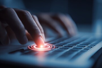 Finger Pressing Laptop Keyboard Key with Concentric Circles Digital Technology Activation Close Up Gesture Input Method High Tech Computing System