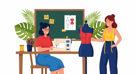 Fashion Design Class Students Learn Sewing and Dressmaking on Mannequin and Sewing Machine