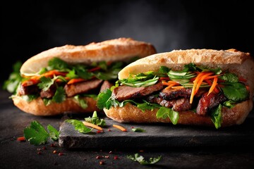 Hearty sandwiches overflowing with grilled meat and fresh vegetables