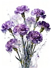 Fototapeta premium Surreal Flowers Series : Vibrant Purple Carnations Dripping with Water on a Clean White Background 003