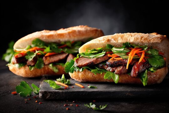 Hearty sandwiches overflowing with grilled meat and fresh vegetables - Powered by Adobe