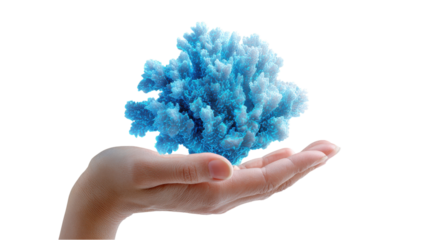 Hand Holding an Abstract Blue Crystal Formation on White