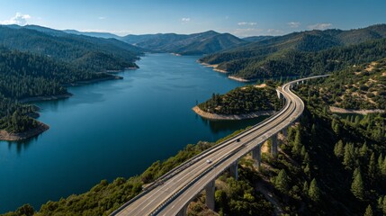 Aerial view of a serene lake surrounded by lush green hills, with a winding highway over the water