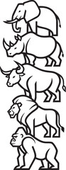 A vertical stack of five powerful animals in a bold black and white line art style featuring an elephant rhino bull lion and gorilla.