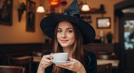 A smiling woman in a witch costume enjoys a cup of coffee in a cafe. Halloween holiday celebration during the autumn season. Cozy October concept