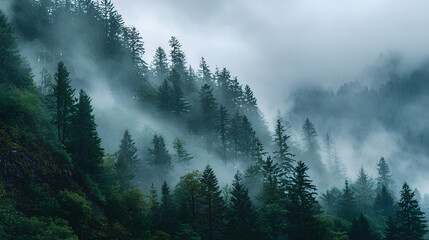 A dense forest stands veiled in mist, with trees reaching towards the sky in this serene natural landscape.