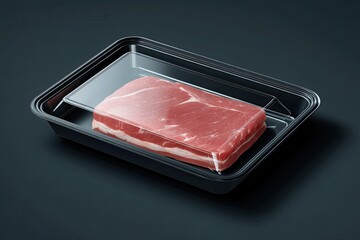Vacuum-sealed raw meat slab in a black plastic food tray on a dark background