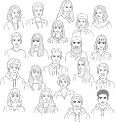 Collection of diverse handdrawn character portraits Black and white line art illustrations of various peoples faces.