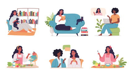 Modern women lifestyle vector set illustration