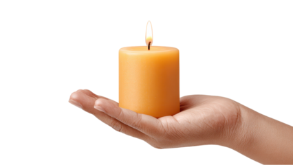 Hand Holding Lit Yellow Candle on White Background: Serenity
