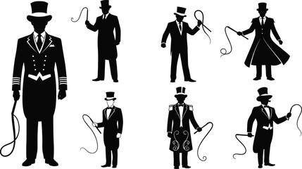Circus Ringmaster Silhouette Collection, Six Male Trainers in Top Hats and Tails Holding a Whip, Vintage Circus Show, Vector Set. © Arman Creatives