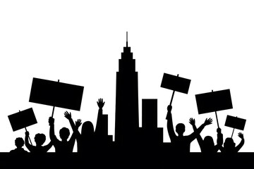 Crowd of people protests with signs against a city skyline, demanding change.