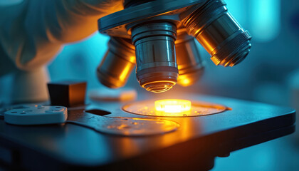 Close up photo of microscope in use. Illuminated stage with sample under objective lens. Scientist researcher working on research experiment in laboratory for science study.