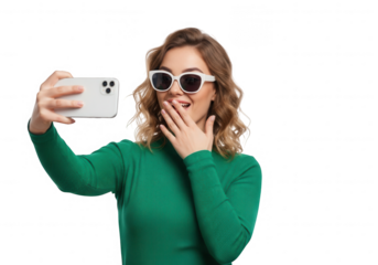 Young woman taking a selfie a smartphone, isolated on transparent background