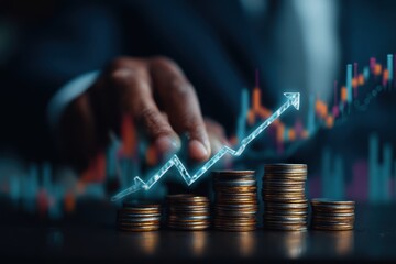 Financial Growth Strategy Depicted with Stacked Coins and an Upward Arrow Chart for Investment Success Planning and Stock Market Trading to Increase Wealth and Achieve Business Goals