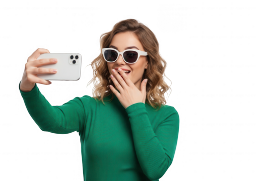 Young woman taking a selfie a smartphone, isolated on transparent background
