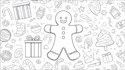Obraz premium Doodle style line art coloring page with a gingerbread man and festive treats