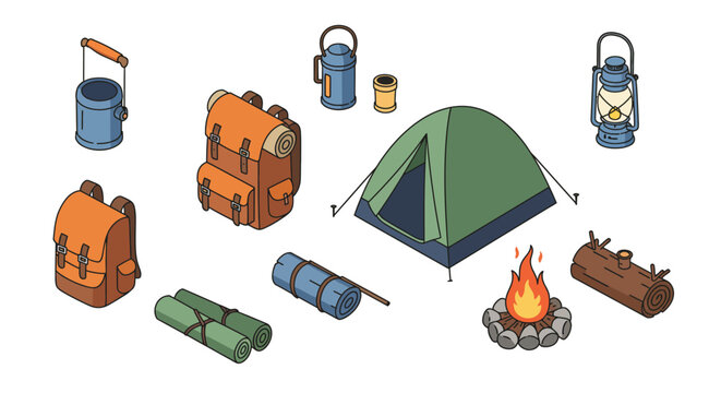 Camping gear isometric design with tent, backpacks, and firepit elements