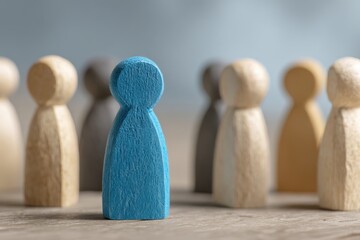 Standing Out from the Crowd Blue Wooden Figure in Focus Unique Individual Among Others Wooden Dolls Different Identity Leadership Concept Corporate Image