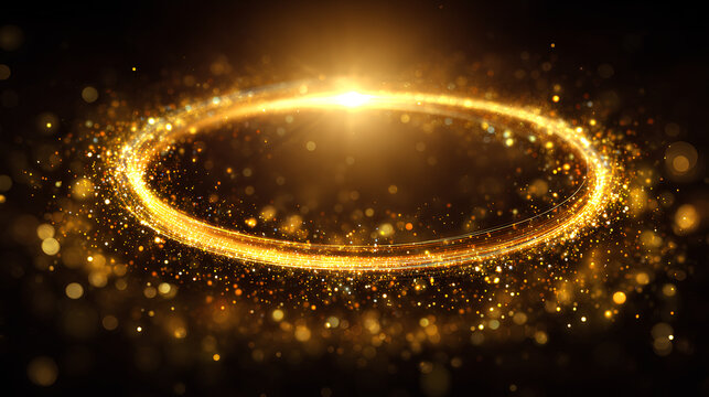 Abstract golden ring effect with a shimmering glow and dynamic movement. Line, light, gold, circle, background with glowing golden effect, flare and neon magic in format. Stock Illustration