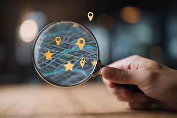 Local SEO Strategy Concept: Hand Holds Magnifying Glass Over Map with Location Pins and Star Ratings, Finding Business with Online Visibility and Improved Local Search Ranking with Digital Marketing
