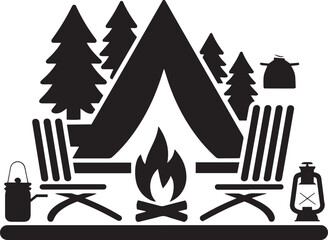 A black silhouette set of camping icons illustrating a winter forest scene with a star-filled night sky and mountain symbol