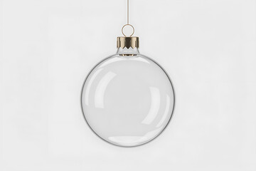 Clear glass ornament hangs suspended, ready for decoration, symbolizing festive holiday traditions.