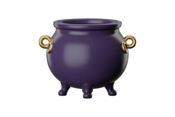 Purple cauldron with gold accents sits on three legs, evoking magic and mystical themes.