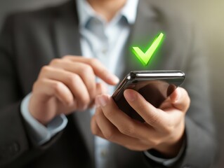Empowered Businessperson Engaged with Mobile Technology Smartphone Efficiency and Green Check Mark Signifying Approval Professional Using Phone for Business Successful Task Completion