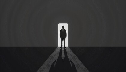 Silhouetted businessman standing in a doorway with a shadow on the floor