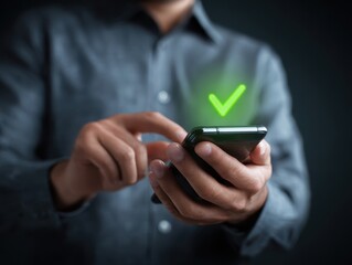 Successful Mobile Transaction with Glowing Checkmark Confirmation Man Holding Smartphone Displaying Green Tick, Secure Online Payment Approved on Device, User Completing Digital Verification