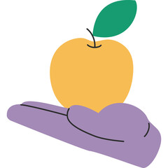 Cartoon Purple Hand Holding a Yellow Apple with a Green Leaf on a White Background with a Transparent Background Overlay