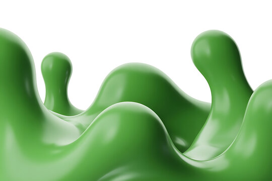 Vibrant green liquid splashes and flows, creating abstract shapes and a dynamic, fluid form.