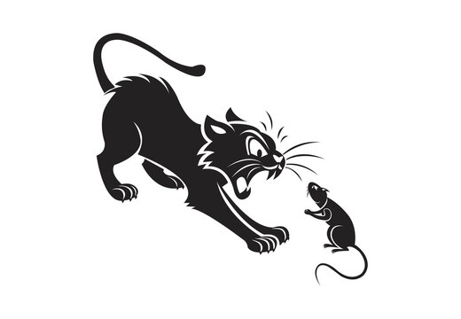 Angry cat chasing mouse black silhouette vector illustration