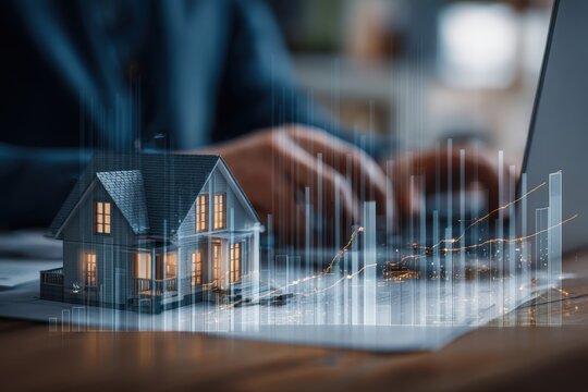 Real Estate Investment Analysis Digitalization Growth Concept House Price Financial Data Analytics Online Research and Future Market Forecasts Business Information on Laptop