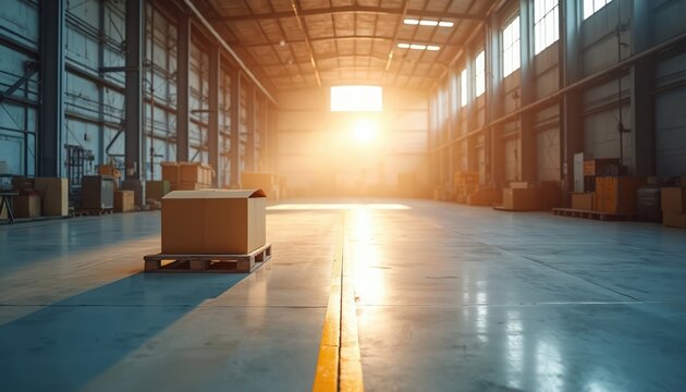 Illuminated warehouse interior with box on pallet. Bright light shines through windows. Space shows storage area with concrete floor, steel beams. Logistics and distribution center inside.