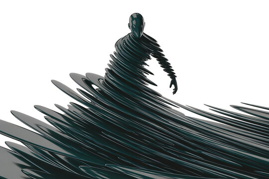 Abstract figure composed of swirling, layered forms, creating a sense of motion and distortion.