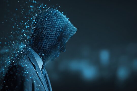 Cybersecurity Hacker Data Breach Concept Digital Silhouette Hooded Figure Dispersing Pixelated Information Code Dark Web Threat Online Security Vulnerability Privacy Protection Shielding