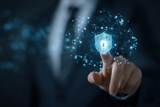 Advanced Cybersecurity Shield Touching Digital Interface Displaying Lock and Key Icon Surrounded by Network Nodes Protecting Data in Virtual Cloud with Businessman Pointing to Protection Technology