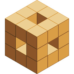 Isometric Wooden Cube Structure With Square Openings On Four Sides In A Light Brown Color Scheme And A Transparent Background